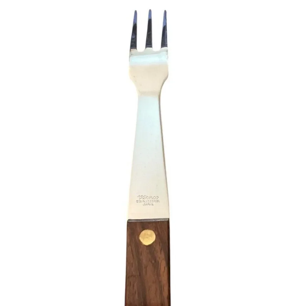 Vernco MCM Stainless Wood Handle Meat Carving Knife and Fork Set Boxed Vtg Japan